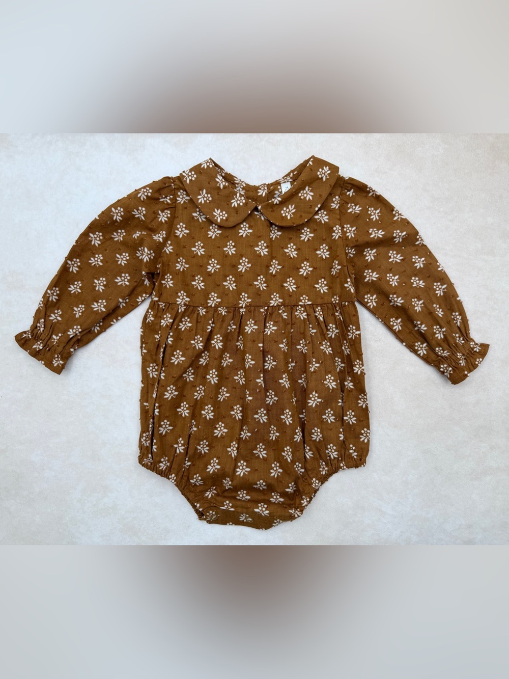 New Rylee + Cru Brown Floral Collar Bubble Romper